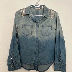 Miss Me Light Blue Ombre Denim Shirt with Embellished Label